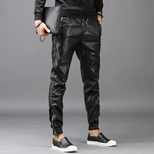 

Fashion Moto Elastic Waist Faux Leather Pants Men Joggers Zipper Pockets Black Streetwear Slim Pencil Pant Men Clothing