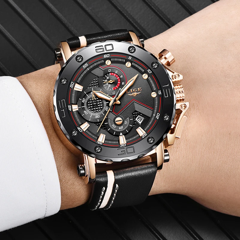 Lige New Fashion Mens Watches Top Brand Luxury Big Dial Military Quartz Watch Leather Waterproo-5