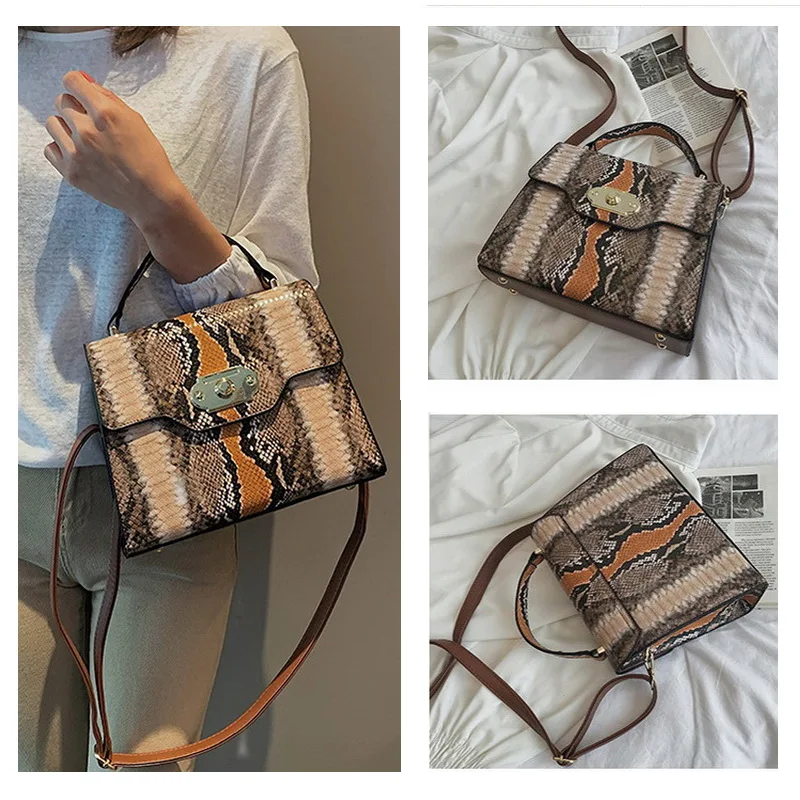 FUNMARDI, винтажная змеиная сумка на плечо, дизайн с замком, сумки с клапаном, контрастный цвет, женская сумка, змея, Ретро стиль, брендовая сумка через плечо, WLHB2031