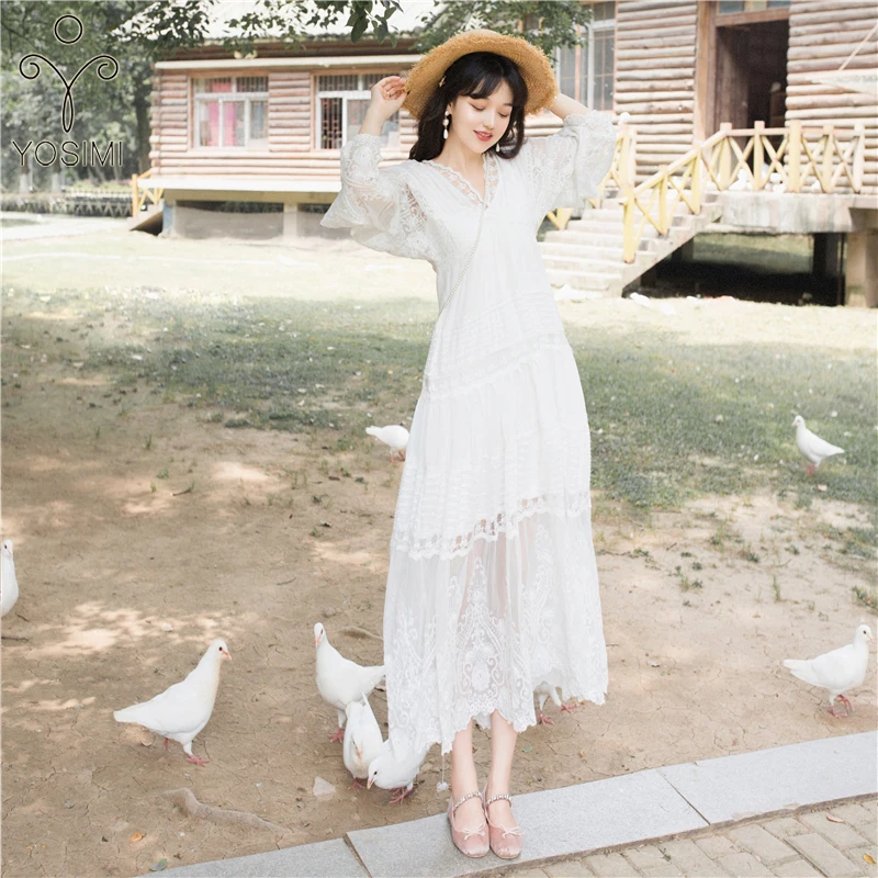 

YOSIMI 2019 Summer Loose Cotton and Lace White Long Women Dress Evening Party V-neck Full Sleeve Two-piece Outfits Set Dresses