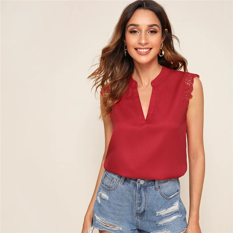 SHEIN элегантный кружевной топ с v образным вырезом и воротником стойкой летние