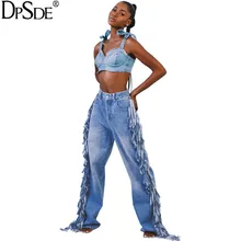 DPSDE Tassel Осень новинка модные джинсовые штаны Синий уличная одежда свободные длинные штаны в талии на молнии повседневные расклешенные брюки