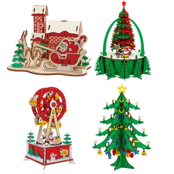 

4Pcs DIY 3D Wooden Christmas Assembled Toy Simulation Christmas Ferris Wheel Tree House Craft Gift Santa Clause