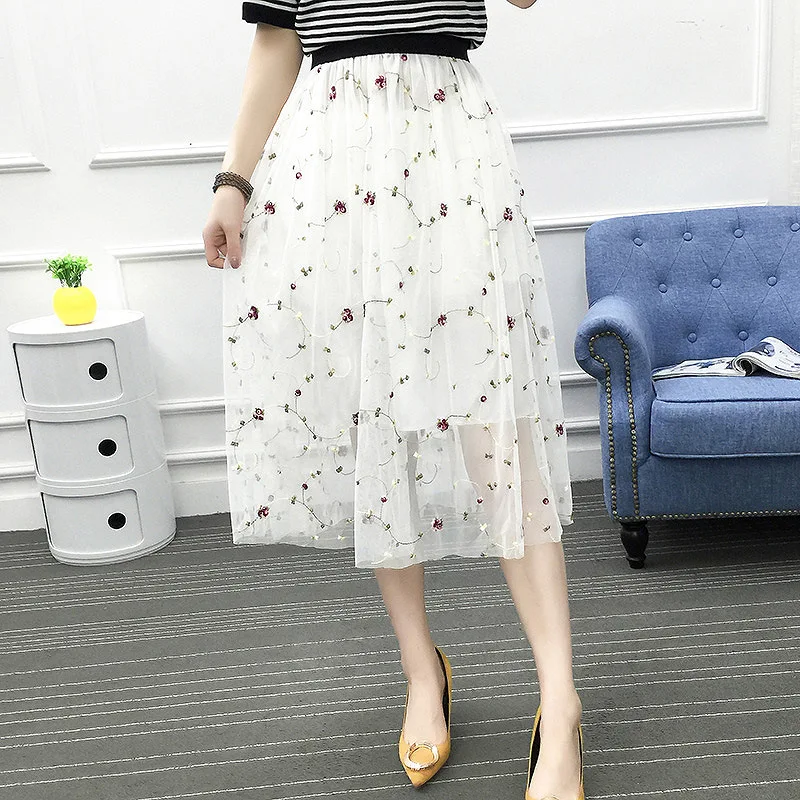 

2019 Spring And Summer New Style Korean-style Mid-length Flower Embroidered Fairy Skirt