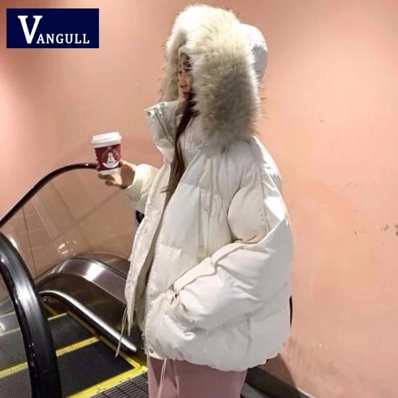 Vangull/женская зимняя куртка-парка с большим меховым воротником, пальто с капюшоном, новинка года, повседневные плотные Свободные Женские однотонные парки с длинным рукавом, пальто