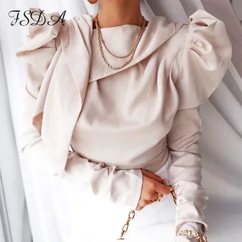 

FSDA Tie Bow Long Puff Sleeve Blouse Office Women Spring Summer Casual Pink Black Elegant Ladies Satin Tops