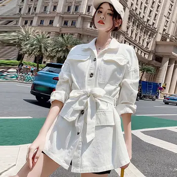 

Women Long Denim Shirt Casual White Slong Sleeve Pockets Button Tops Autumn Outwear Shirts Blouses Windbreaker With Belt