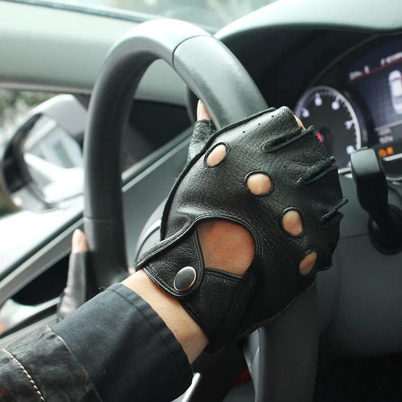 Spring Men's Genuine Leather Gloves Driving Unlined Deerskin Half Fingerless Gloves Fingerless Fitness Gloves