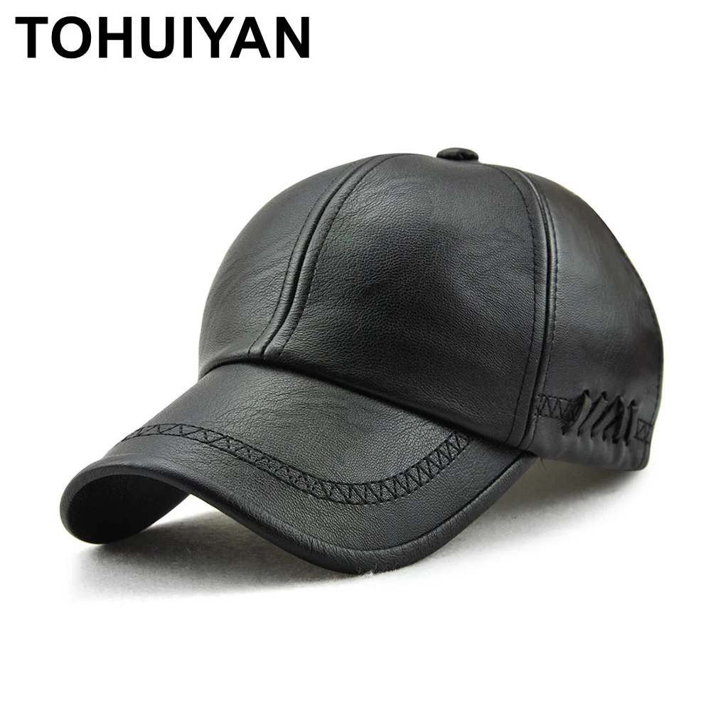 

TOHUIYAN Mens Leather Baseball Cap Classic Curved Brim Snapback Hat Autumn Winter Warm Caps Adjustable Bone Masculino Dad Hat