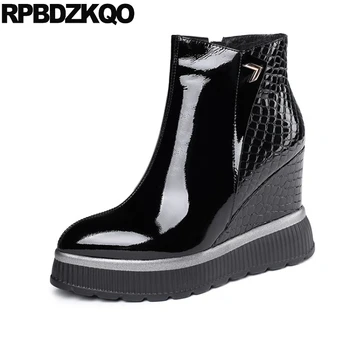 

big size genuine leather black autumn shoes platform 10 plus luxury high heel patent women ankle boots 2019 round toe wedge real