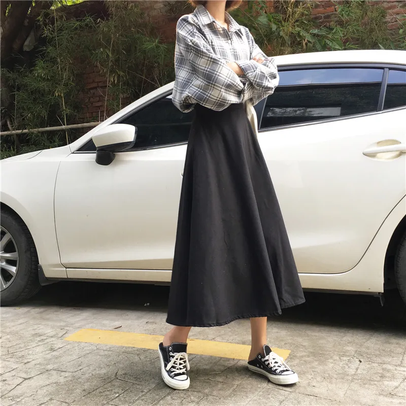 FairyShely Woolen Pleated Long Skirt Women Autumn Winter Elastic Band High Waist Warm Skirt Black Maxi Office Skirt