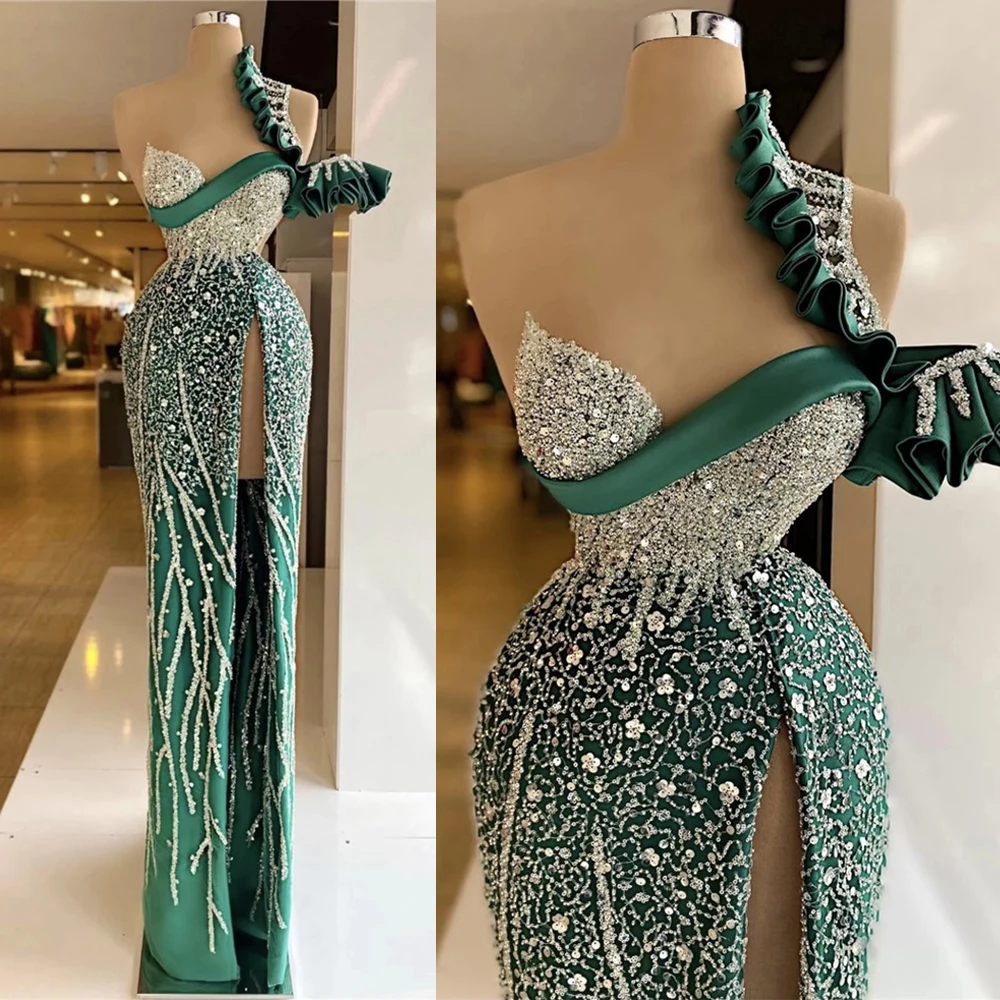 Womens Dress Hunter Green Mermaid Evening Dress One Shoulder Sequins Ruffles Party Dresses Custom Made Glitter Split Floor Length Prom Gowns