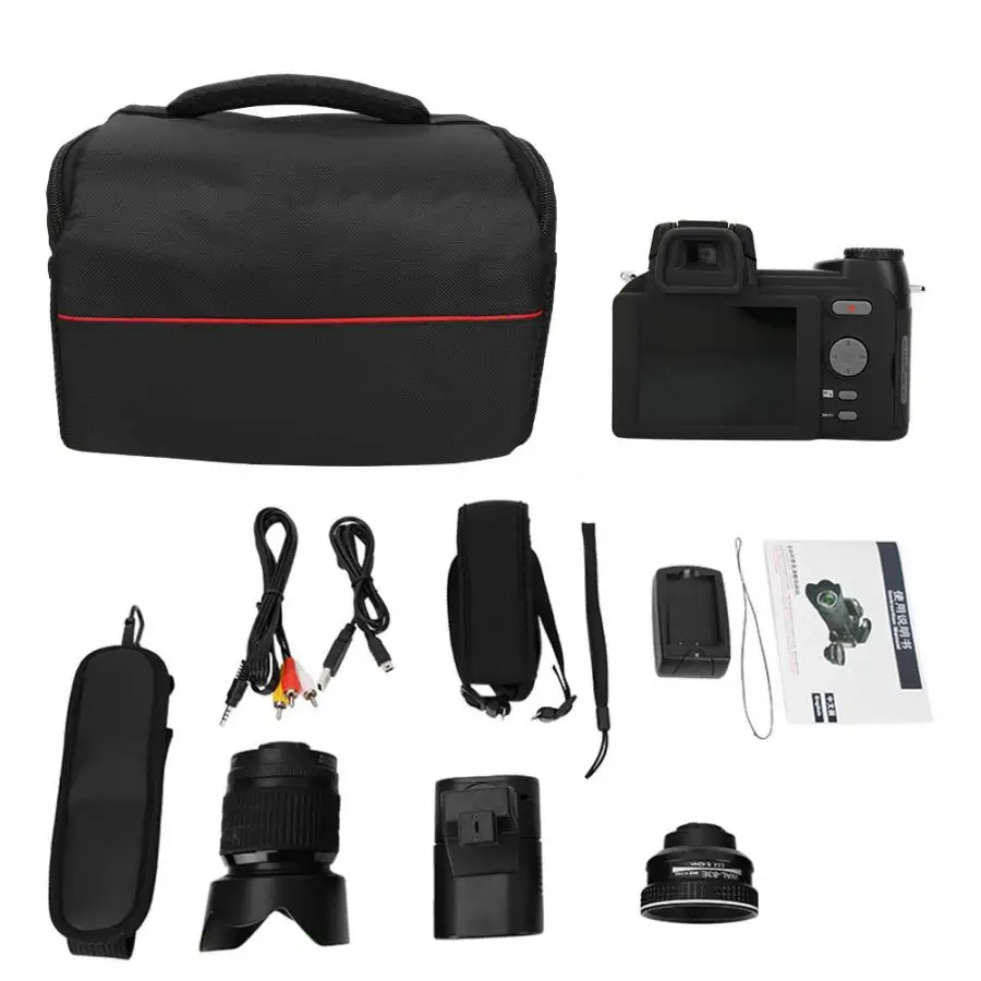 D7200 HD 1080P Digital Camera 3in Color Screen 33MP DSLR Camcorder with 0.5X Wide Angle Lens+ 16-24X Telephoto Lens+ LED Light