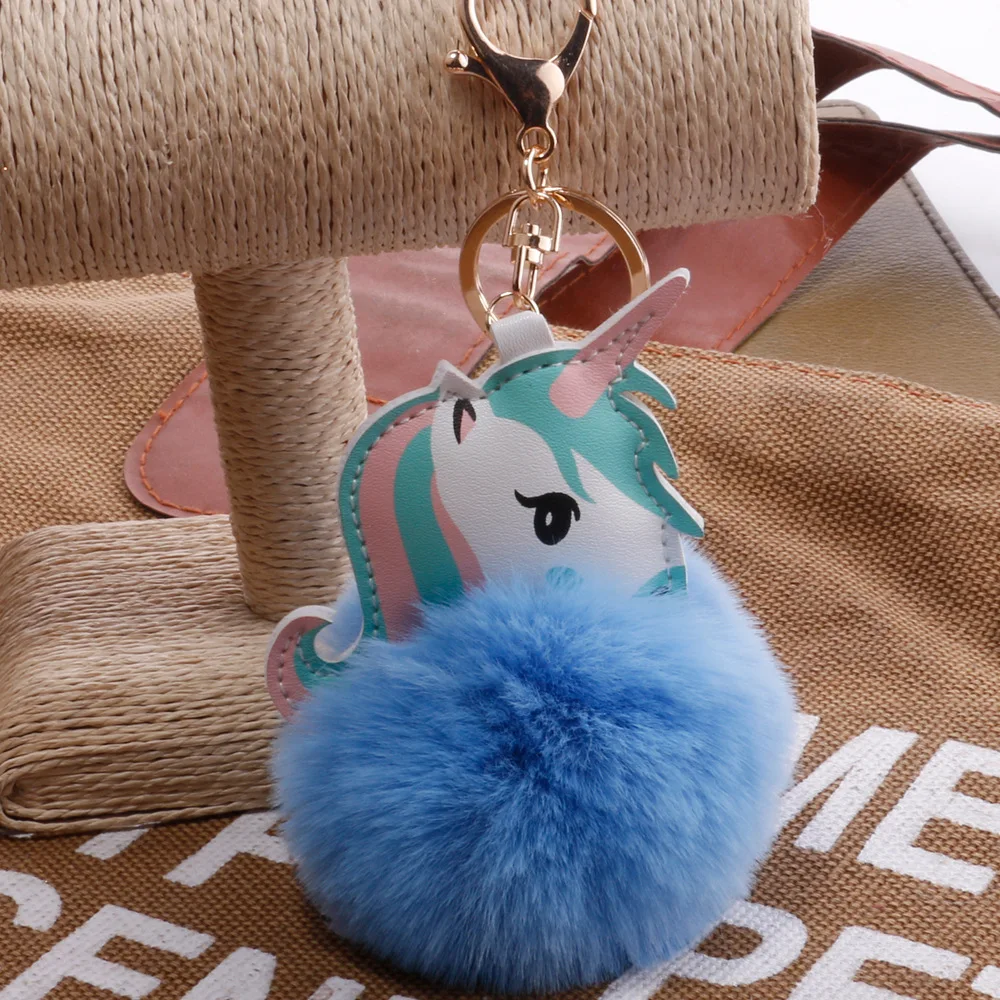 

Hot Pompom Unicorn Keychain Rabbit Fur Ball Horse Key chain porte clef Bag Car Keyring llavero mujer chaveiros For Women
