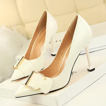 

2020 Women Sexy Pumps Pointed Toe Leather Heels Female 9cm High Heels Wedding Office Lady Scarpins Valentine Nude Quality Pumps