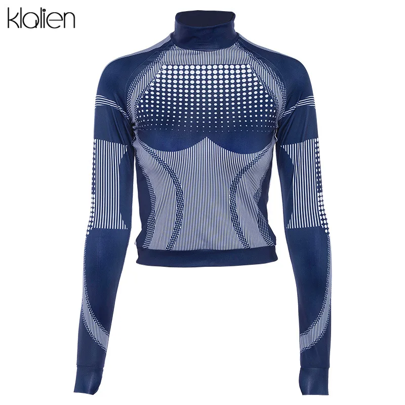 Klanien Горячие koop Vrouwen базовые Топы Осень Зима Actief Dragen Slanke Lange mouw футболка populaire groen blauw wilde спортивный топ - Цвет: Синий