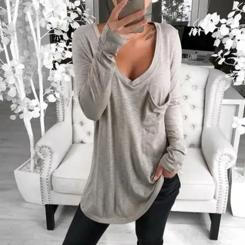 Grey Модные сексуальные женские футболки, однотонные хлопковые топы с глубоким v-образным вырезом и длинными рукавами, передний карман, свободная туника, женская футболка - Color: Grey