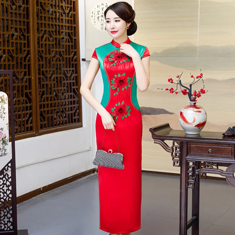 

High-End Catwalks Cheongsam 2019 New Products Retro Embroidery Large Size Etiquette Clothing Stage Performance Costume X-long