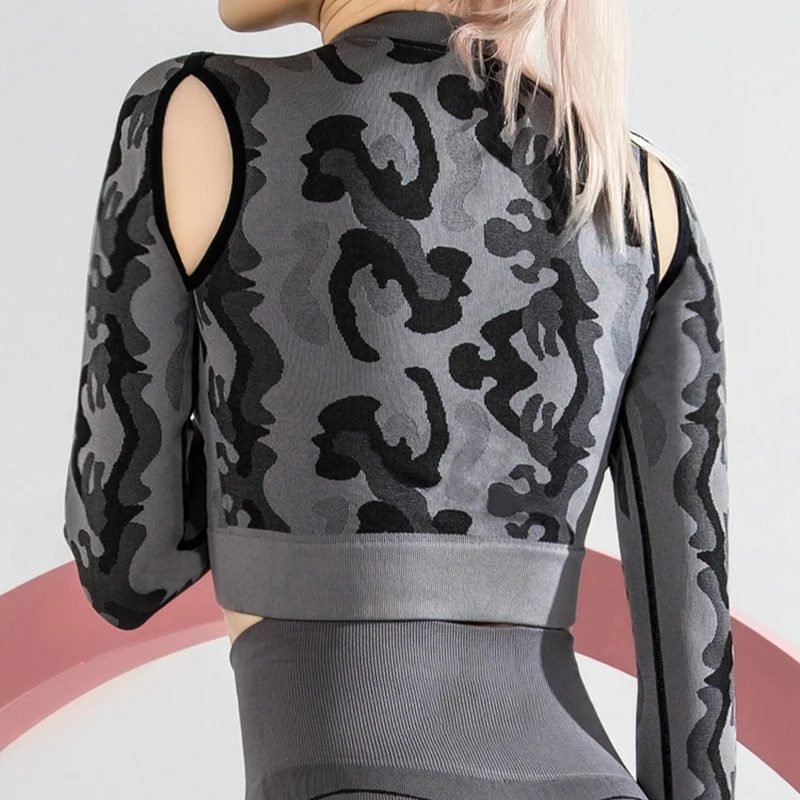 SALSPOR Камуфляжный Топ для фитнеса с круглым вырезом и длинным рукавом сетчатый