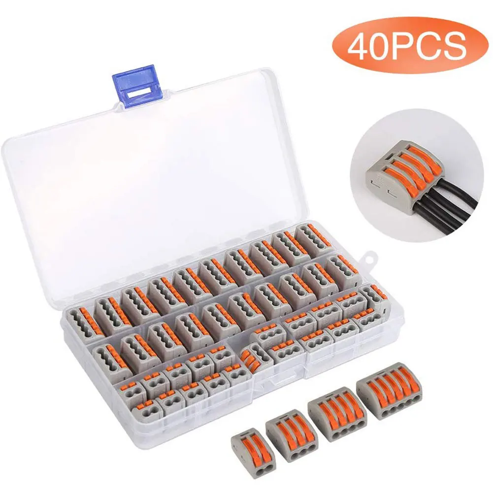

40pcs/set Fast Reusable Mini Insulating Push In Nylon Universal Home Conductor Clamp Terminal Block Wire Connector With Box