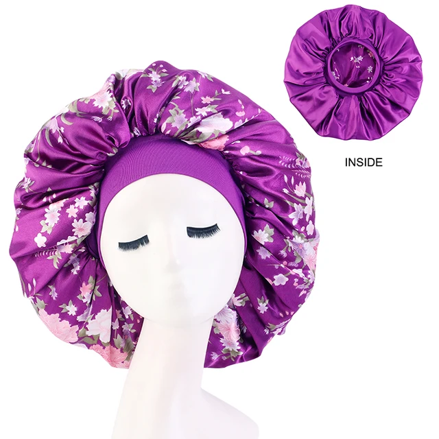 New Women Big Size Beauty print Satin Silky Bonnet Sleep Night Cap Head Cover Bonnet Hat for For Curly Springy Hair Black 408F Purple