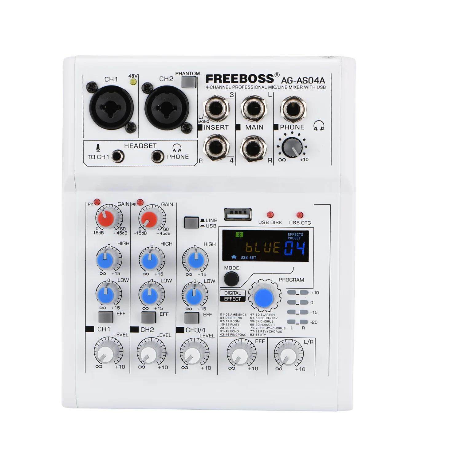 

FREEBOSS AG-AS04A 4 Channel DC 5V Bluetooth Mobile Computer USB Play and Record 88 DSP Effects Echo Reverb Personal Audio Mixer