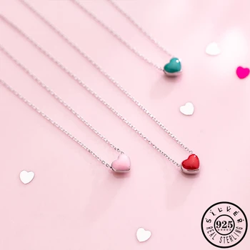 

925 Sterling Silver Small Red Pink Green Love Heart Shaped Pendant Statement Collar Chain Necklaces Fine Jewelry for Women