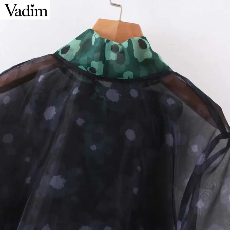 Vadim women chic dots print bow tie collar blouse Organza lantern sleeve office wear female shirt see through tops blusas LB739