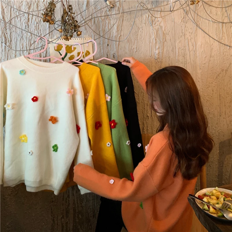 Woherb Женский вязаный свитер и пуловеры корейский кавайный Милый джемпер с цветочной вышивкой зима осень Новые Топы Pull Femme