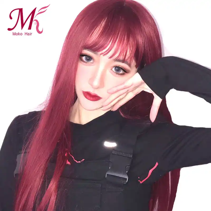 Mokogoddessロングストレートウィッグ人工赤色女性のかつらcospaly中部髪ワイン赤黒色コスプレロリータかつら 合成なしのレースのかつら Aliexpress