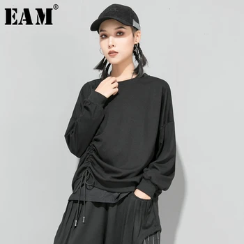 

[EAM] Loose Fit Drawstring Asymmetrical Sweatshirt New Round Neck Long Sleeve Women Big Size Fashion Spring Autumn 2020 1D685