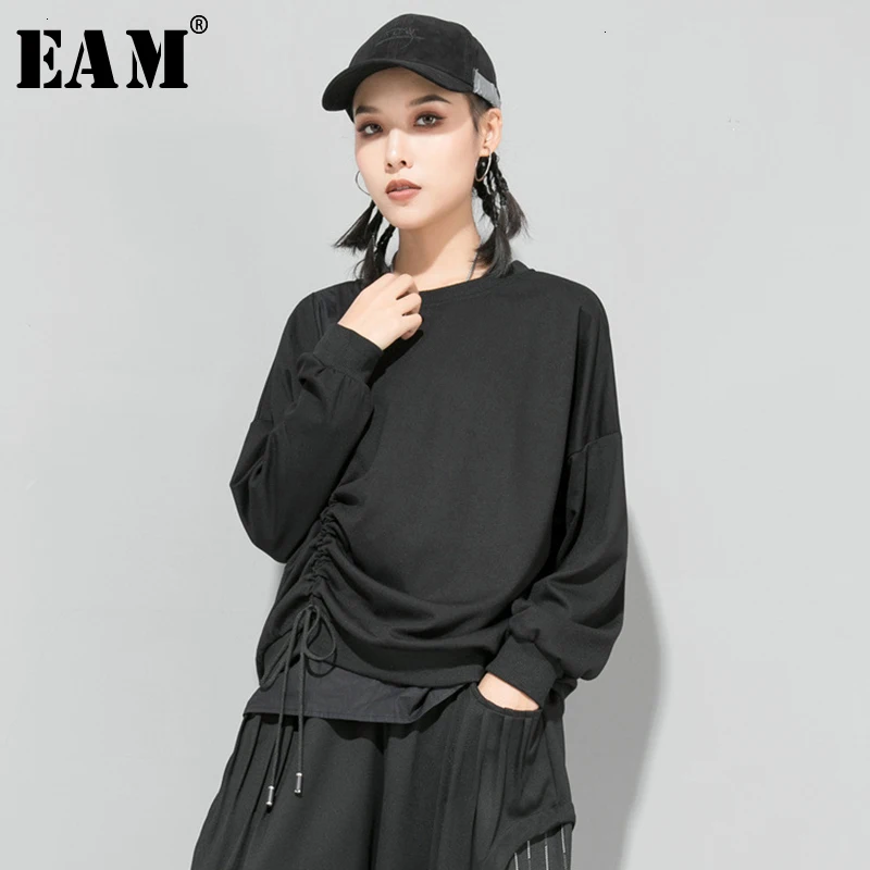 

[EAM] Loose Fit Drawstring Asymmetrical Sweatshirt New Round Neck Long Sleeve Women Big Size Fashion Autumn Winter 2019 1D685