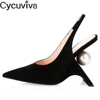 

Novel Big Pearl High Heels Women Pumps Sexy Pointed Toe Strange Heels Party Shoes Woman Runway Back Strap Spring Shoes Femme