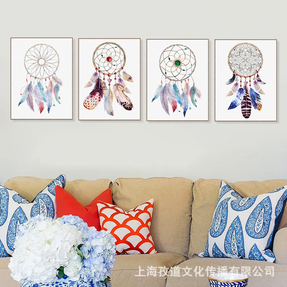 

Mild Art Watercolor Feather Dreamcatcher Hanging Painting American-Style Pastoral Style Simple Girl'S Bedroom Decorative Paintin