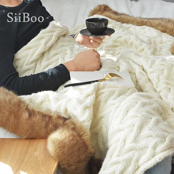 

Nordic decorative carpet autumn winter warm cream white bed sofa knitted blanket with brown fur side cobertor inverno SP5799