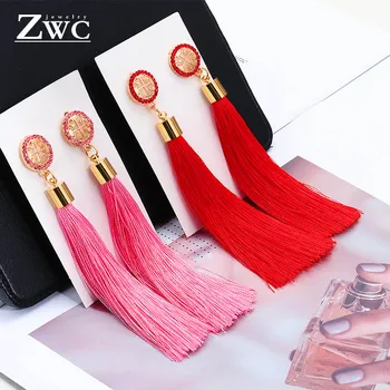 

ZWC 2020 Fashion Bohemian Tassel Crystal Long Earrings Black Red Silk Fabric Drop Dangle Tassel Earrings For Women Jewelry Gift
