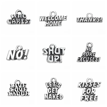 

10pcs Daily Languages Charms Hug Me Shut Up No Means No Thanks Welcome Home Who Cares Pendant Hooah Charms Pendant