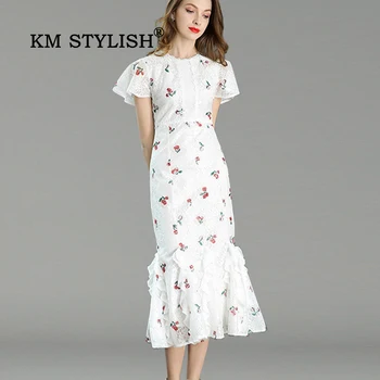 

Women Fashion Flare-Sleeve Print Ruffles Fishtail Dress Sweety Elegant Lace Short-sleeve White Dress
