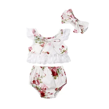 

0-3Y 3PCS Newborn Baby Girl Outfits Clothes Sets Lace Floral Tops +Tutu Shorts Pants+Headband Set