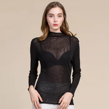 

Spring Double Layer Real Silk Mesh High Collar Base Shirt Women's Solid Color Slim Fit Mulberry Silk Long-sleeved T-shirt Tops