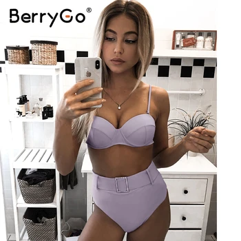 

BerryGo Sexy high waist bikini set Purple belt swimsuit female Push up swimwear women Summer bathers Vintage bathing suit new