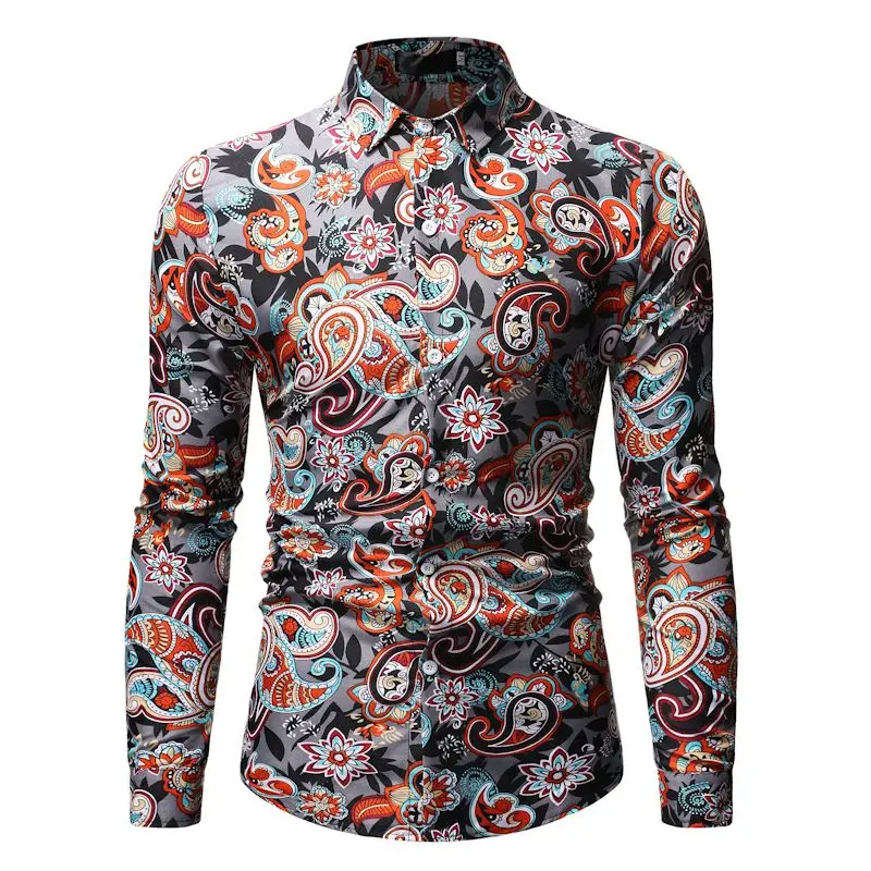 MOGU 2019 новые модные рубашки с цветочным принтом Slim Fit Мужские повседневные рубашки с длинными рукавами большие размеры M-3XL