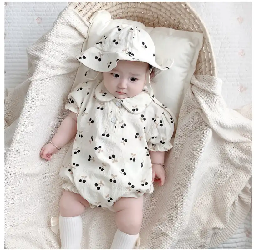女の赤ちゃんの夏の桜半袖ワンピース綿の登山服子供子供のおならロンパース帽子スーツxb43 ロンパース Aliexpress