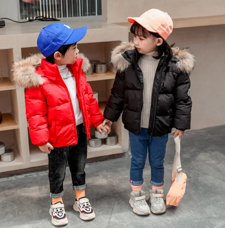 Children's Down Garment New Girls'Long and Thickened Boys' Little and Middle Children's Baby Jacket with Big Hair Collar