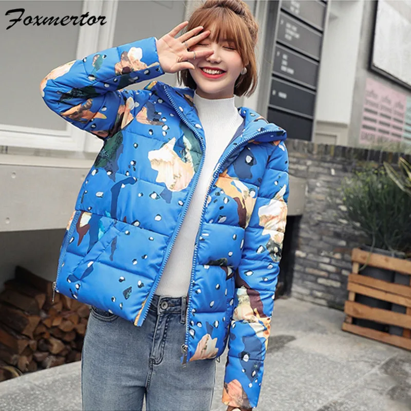 

Women Autumn Winter Coats 2019 Famale Long sleeve Hooded Parka Women Graffiti Printing Loose Cotton Bread Clothing Feminine Coat