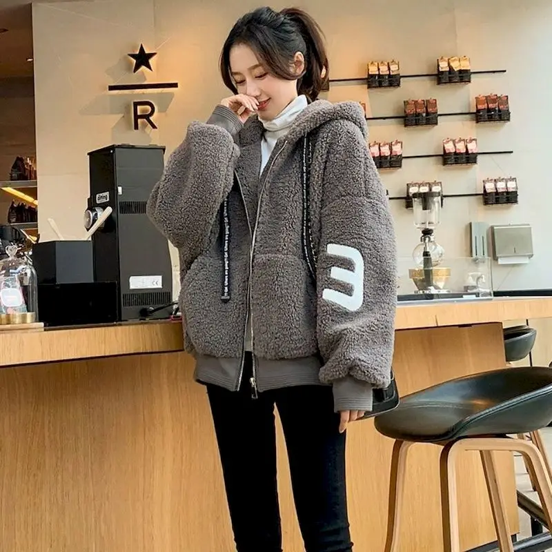 2025 New Winter Lambs Wool Hooded Coat Women Loose Hoodie Granular