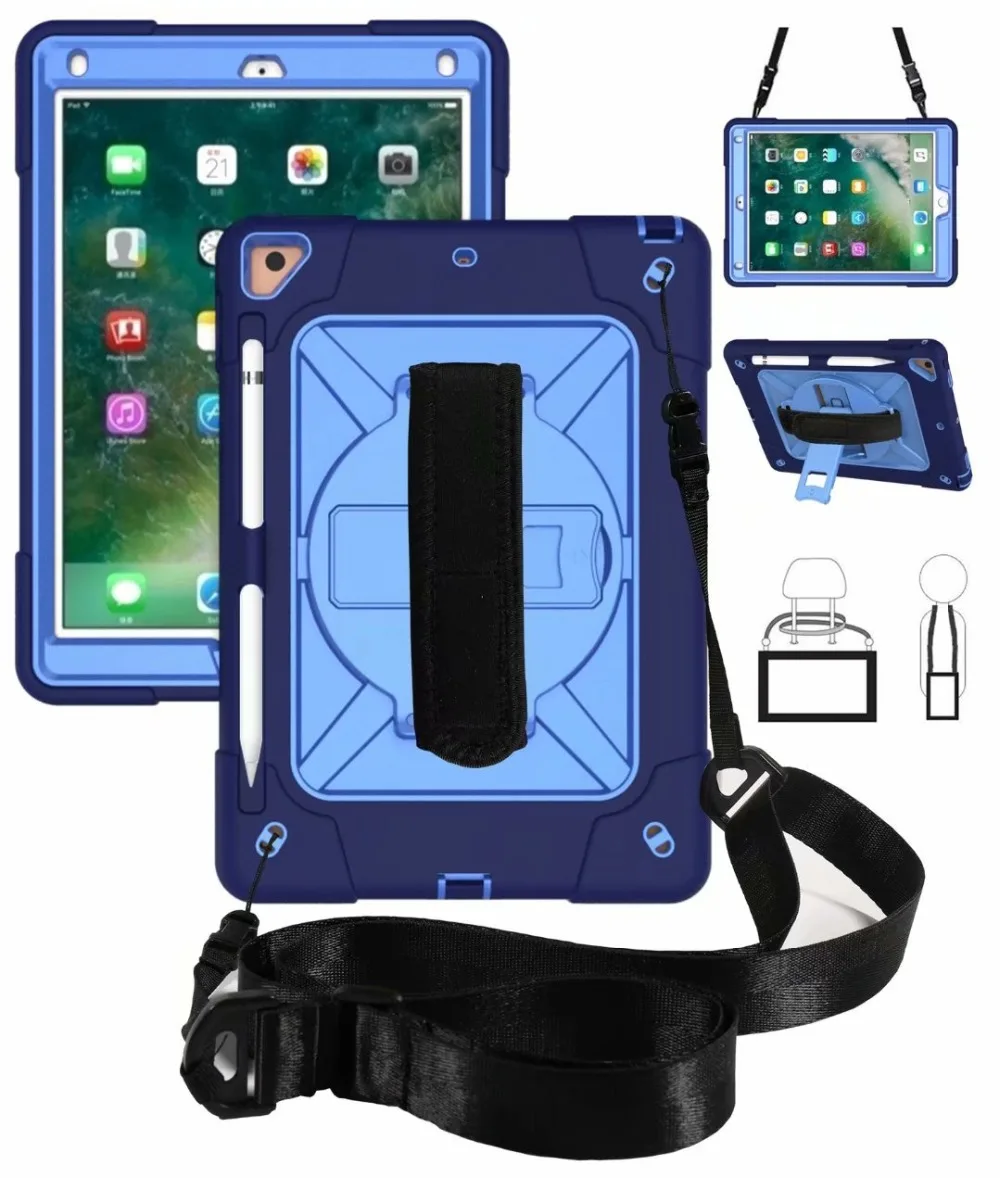 Чехол для планшета для Ipad 9,7 Pro 9,7 Ipad 6 Air 2 универсальный силиконовый+ PC подставка жесткий чехол с запястье+ плечевой ремень+ подставка для ручек