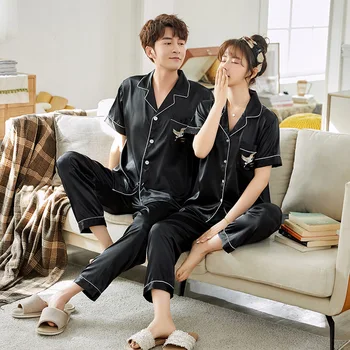 

Summer couple silk pajamas women embroidered short-sleeved silk home service men’s and women’s pajamas set
