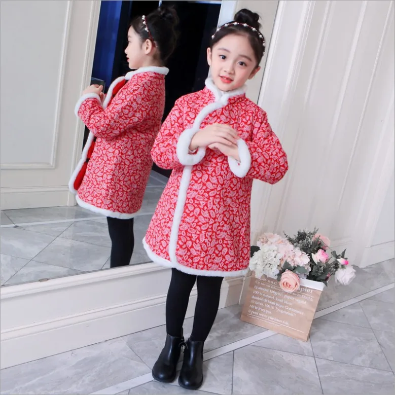 Winter New Style CHILDREN'S Cotton Wear Retro Fur Collar Cheongsam Mid-length Thick Warm Girls Padded Cotton Clothes Cotton
