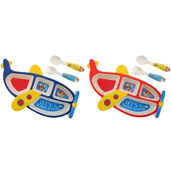 

2 Set Bamboo Fiber Children'S Plate Aircraft Shape Grid Bowl Eating Fork Spoon Set - Red & Blue